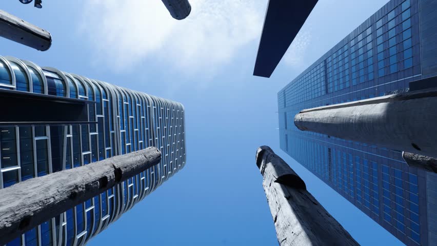Wooden Pole Art Pieces Towering Against High Rise Buildings In Sydney CBD, Australia. Low Angle Shot