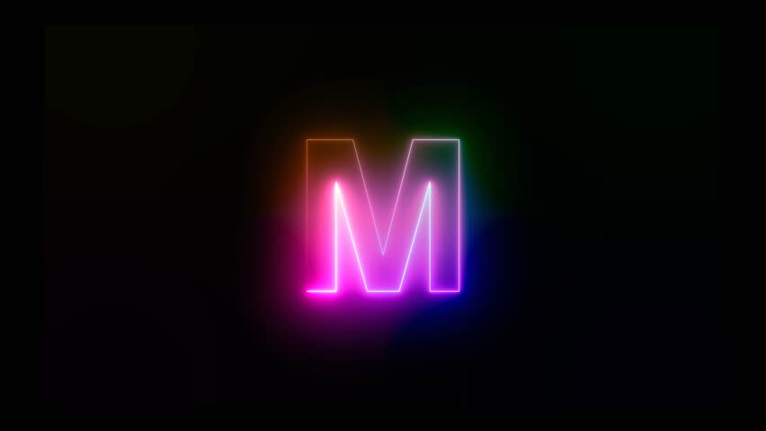 Letter M with an abstract, colorful neon effect and motion animation in 4K video footage.