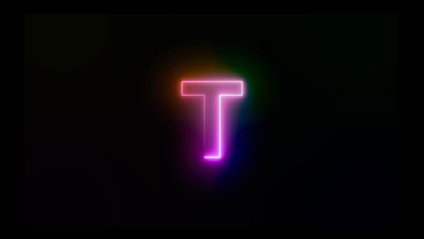 Letter T with an abstract, colorful neon effect and motion animation in 4K video footage.