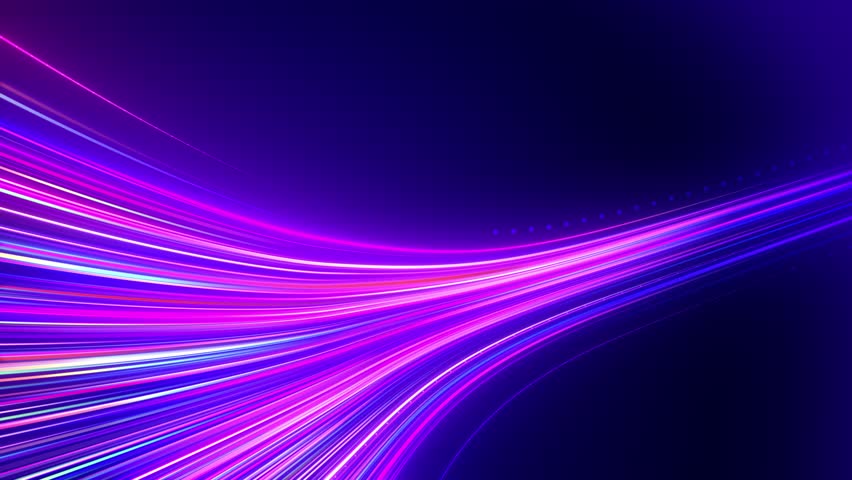 Glowing pink lines on blue background. Neon information stripes flying. High-speed big data transfer..Curved neon lines. Optical fiber blue and pink neon color. Blue background.