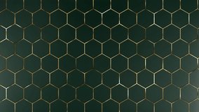 Abstract green background of hexagons with gold accents. Looped luxury pattern of geometric shapes. Simple minimal elegant expensive background dark green 3d BG. - Powered by Shutterstock - Get 15% off with code: PIKWIZARD15