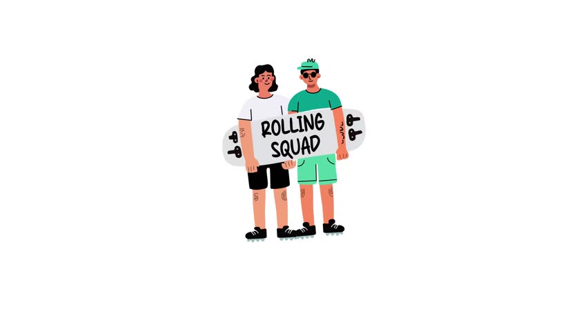 Two friends standing together with the text rolling squad on the board, flat animated sticker 