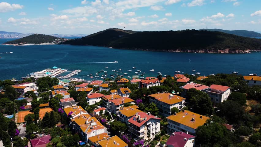 Aerial view of Princes Islands, Istanbul, lush landscapes, tranquil sea, and vibrant architecture