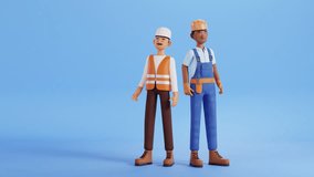 Builder character and construction site worker animation. Foreman and architect, engineer. Professional worker shows thumb up, renovation service concept. 3d render animated footage, cartoon style - Powered by Shutterstock - Get 15% off with code: PIKWIZARD15
