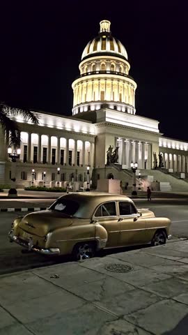 Havana architecture, capitol in cuba, night city, capitol with illumination, main square in havana, cuba, retro car on the street of havana in front of the capitol, city center