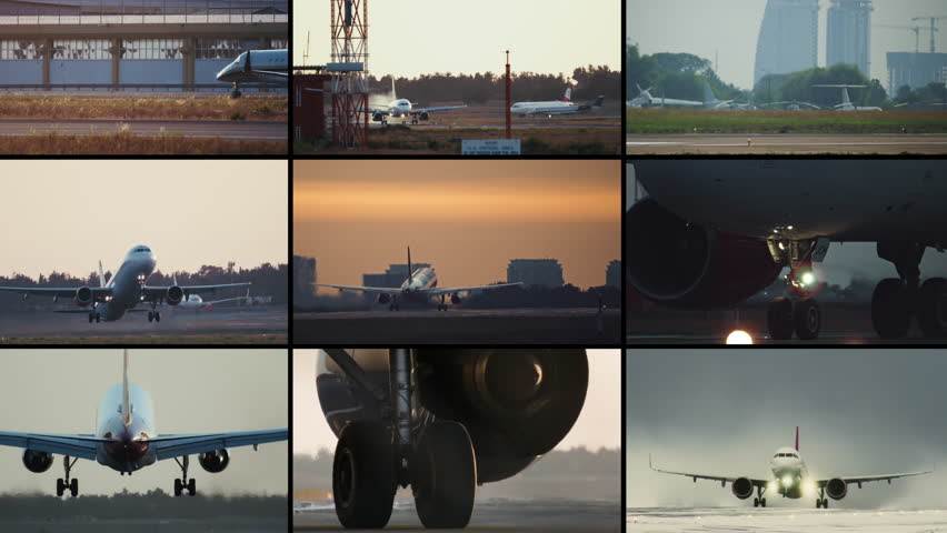 Video collage of airport life, plane on the runway. Departure and landing of airplanes, air travel and flights, transport and aviation. High quality 4k footage