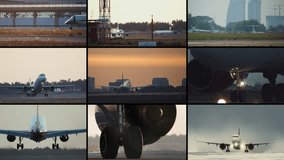 Video collage of airport life, plane on the runway. Departure and landing of airplanes, air travel and flights, transport and aviation. High quality 4k footage - Powered by Shutterstock - Get 15% off with code: PIKWIZARD15