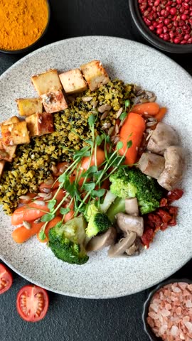 Quinoa bowl with tofu, steamed vegetables, grains, seeds and spices on a dark concrete background