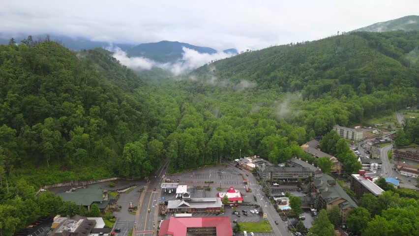 Aerial view of Gatlinburg.  Gatlinburg is a popular mountain resort city in Sevier County, Tennessee,

