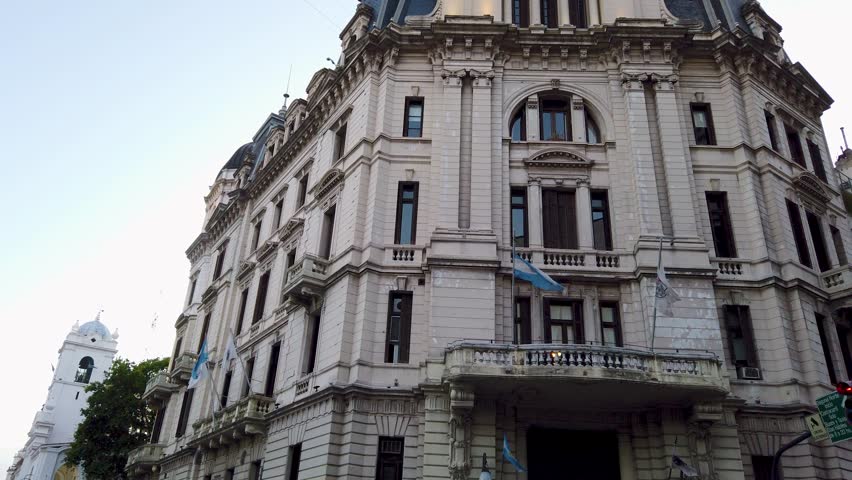 Historic colonial buildings of Buenos Aires city Argentina historic center, low angle over skyline, Cabildo and Municipal Palace