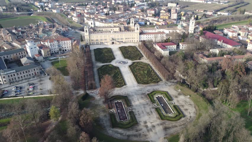 Aerial view of the Ducal Palace of Colorno in Parma and its gardens, also known as Reggia di Colorno, is an edifice in the territory of Colorno (province of Parma), Emilia Romagna, Italy