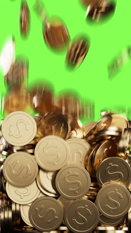 Vertical shot 3d animation golden dollar coins falling down and fill green screen. Concept of savings and financial growth, finance and banking, investment, betting game gambling, bet casino