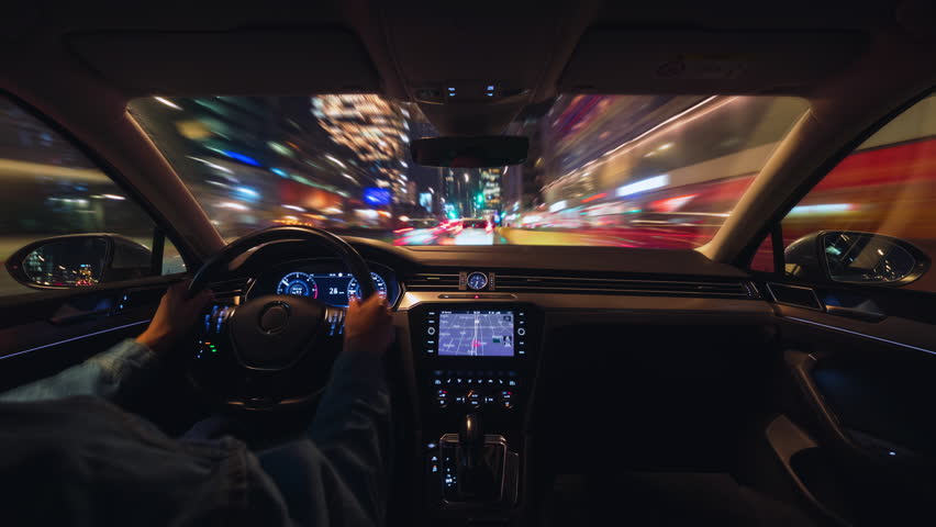 Time-lapse high speed drive in city street at night, fast motion hyperlapse modern car inside view, highway traffic blurry light trails, rush hour road trip long exposure blur, view through windshield - Powered by Shutterstock - Get 15% off with code: PIKWIZARD15