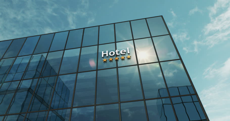 Hotel premium quality glass building concept. Holiday travel accommodation symbol on front facade 3d.