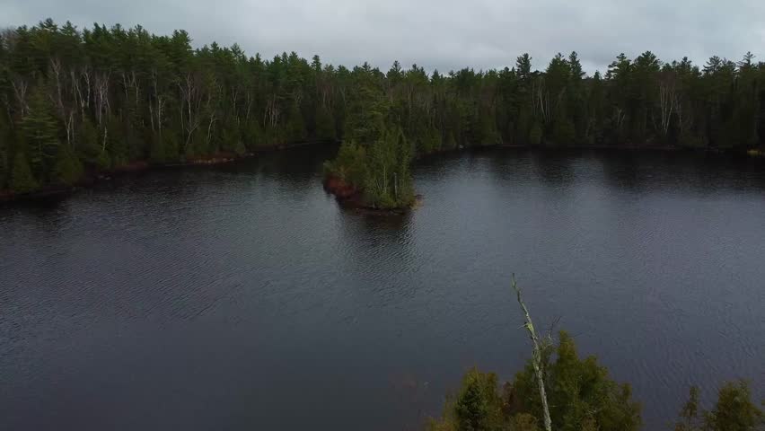 Video shot of tree-covered island wurrounded by calm lake with a dense forest along the shoreline in the backgrounf under a cloudy day