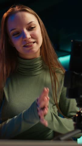 Vertical video Joyous teenager filming content for online streaming channel in apartment studio, entertaining fans. Cheerful gen z influencer sitting at desk at home, interacting with subscribers