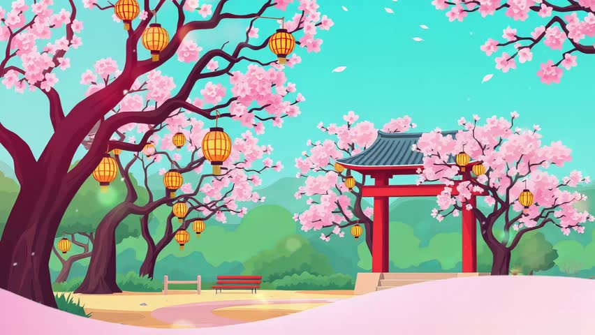 Cherry blossom trees with red lanterns background