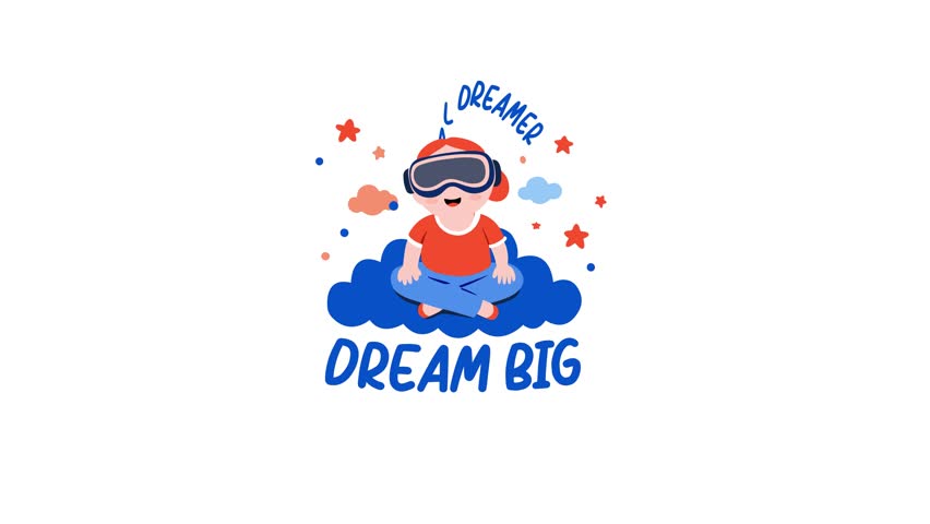 A flat animated sticker of a character wearing vr glasses with dream big typography

