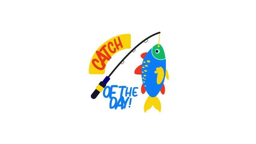 Flat animated sticker of a fishing rod with a fish on hook and text catch of the day