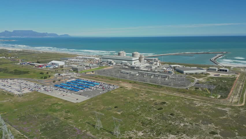 Aerial circling Koeberg Nuclear Power Station, Cape Town, South Africa