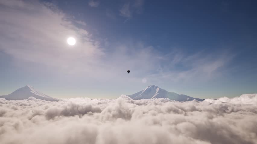 Cloudscape with white puffy clouds moving and snowed mountain picks on day time with bright sun and hotair balloon flying camera zoom in
