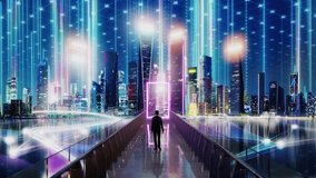 Businessman walks on a bridge toward a glowing neon portal in a futuristic cityscape. 3D rendering - Powered by Shutterstock - Get 15% off with code: PIKWIZARD15