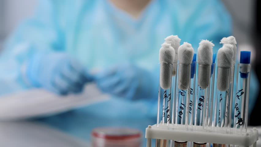 Close-up of test tubes with images of tests in the laboratory. In the background, a doctor in a blue laboratory suit opens a swab package.