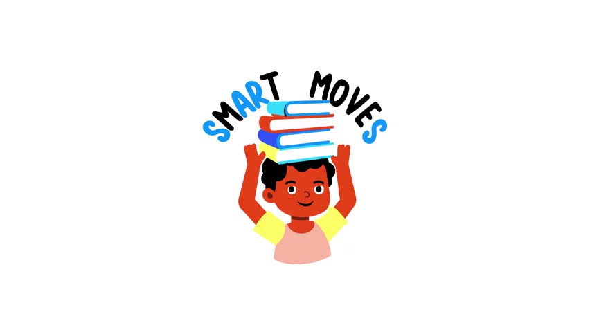 Flat animated sticker of a student carry books on his head with smart moves typography 