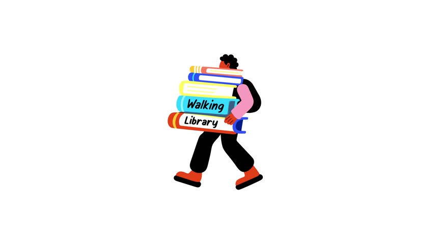 A flat animated sticker of a character holding of books with walking library text 