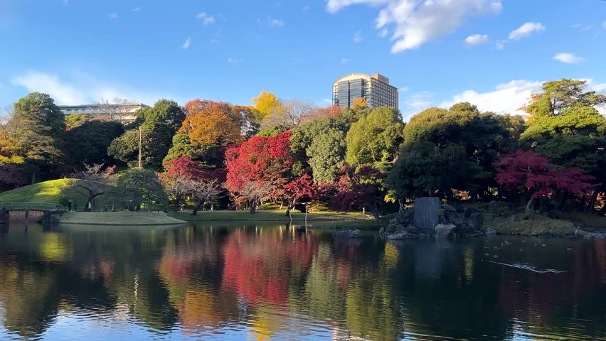 Beautiful fall scenery inside Japanese landscape garden with reflections on pond