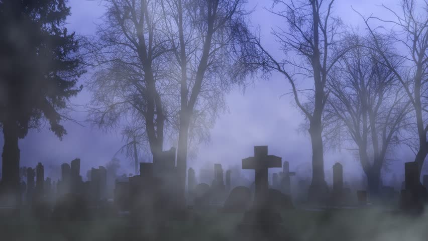 snowy foggy dark cloudy spooky cemetery - horrible halloween