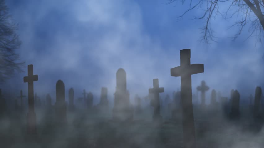 snowy foggy dark cloudy spooky cemetery - horrible halloween