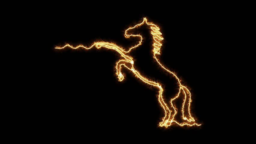 abstract horse stands on its hind legs, Self drawing animation one continuous line draw, logo.  Blazing  flame, energy, fire