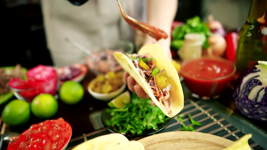 Tasty Mexican Tacos Filled Meat. Homemade American Soft Shell Beef Tacos. Mexican Food Burrito. Tortilla Fast Food. Mexican Pork Carnitas Tacos Fajitas. American Taco Salsa Corn Tortilla Carne Asada