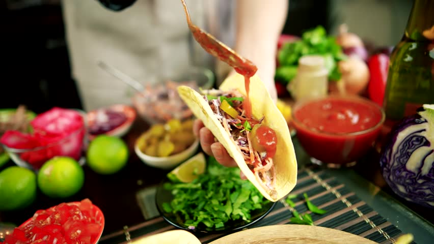 Tasty Mexican Tacos Filled Meat. Homemade American Soft Shell Beef Tacos. Mexican Food Burrito. Tortilla Fast Food. Mexican Pork Carnitas Tacos Fajitas. American Taco Salsa Corn Tortilla Carne Asada