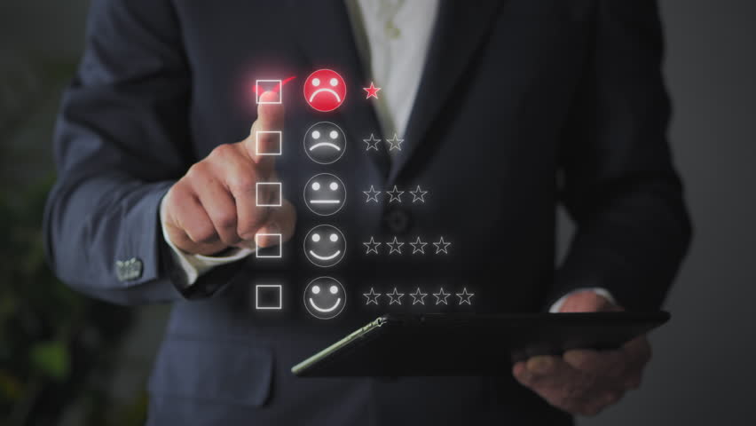 Standing discontent business man gives bad review at the customer service touching virtual screen animation graphic,consumer user giving negative rating to webstore experience