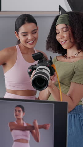 Happy, photographer and teamwork with camera, studio and smile for photo in agency, talent and internship. Production, model and preparation for photoshoot in set, artist and decision for photography