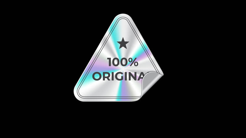 Original product holographic sticker animation. Holographic sticker quality emblem. Shiny rainbow emblem. Transparent background with alpha channel