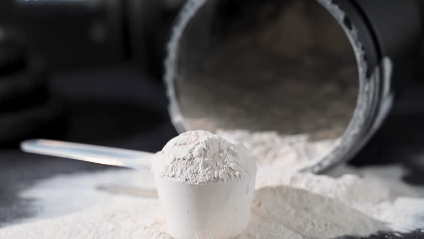 Amino acid food supplement, creatine powder in a measuring scoop, Sports nutrition 