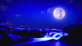 A serene night scene with a full moon illuminating a cascading waterfall surrounded by rocks, creating a tranquil and mystical atmosphere. - Powered by Shutterstock - Get 15% off with code: PIKWIZARD15