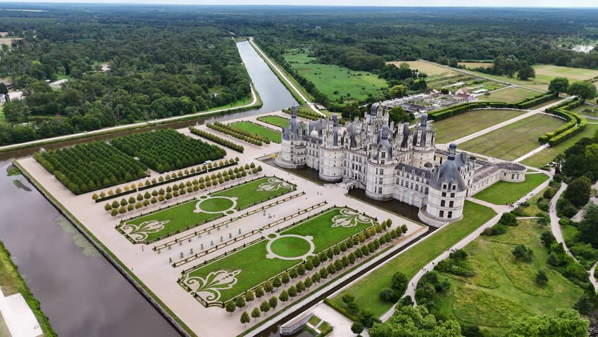 Aerial view of Chambord castle (Chateau de Chambord) in Loire Valley, France