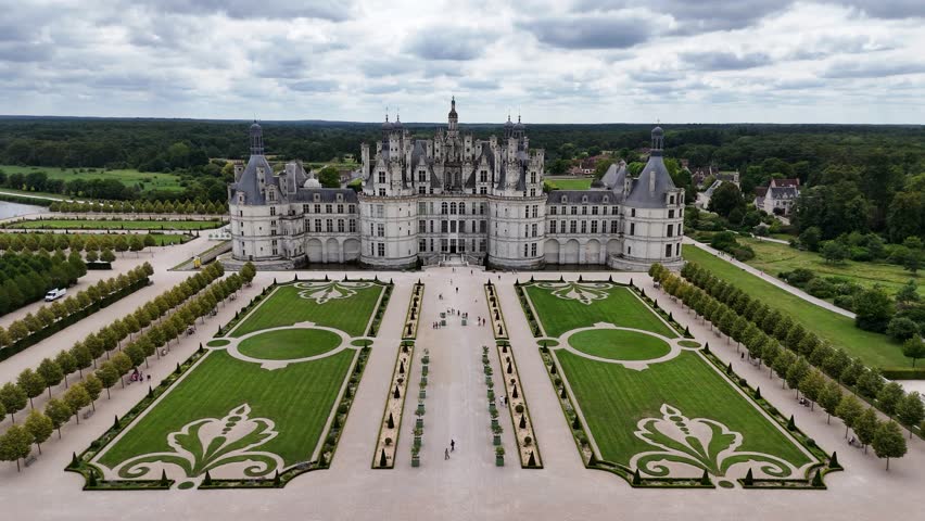 Drone shot of Chambord castle (Chateau de Chambord) in Loire Valley, France