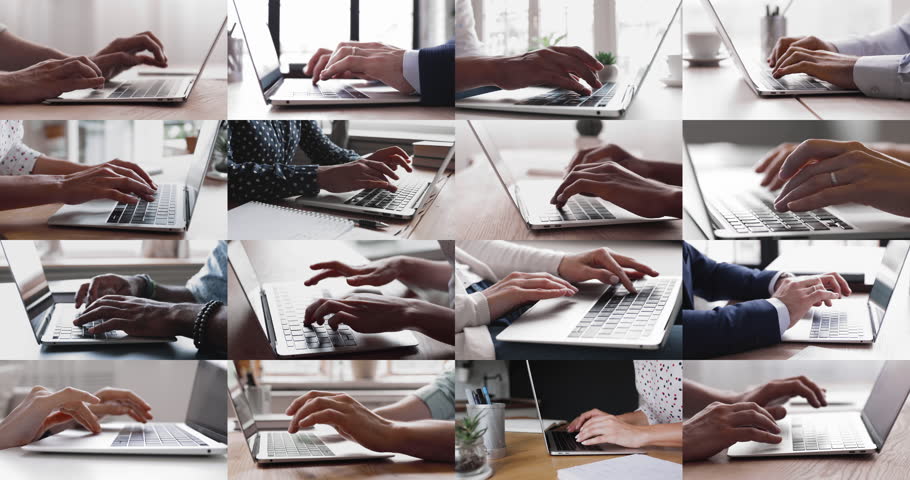 Collage cropped view diverse hands working on keyboards, typing on laptops, solve business, e-mailing, do freelance job. Digital connectivity, integration of tech in daily life, professional activity