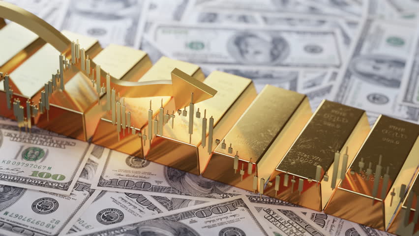 Stack of gold bars on US dollar bills with a financial chart overlay, representing investment trends, market analysis, and wealth.