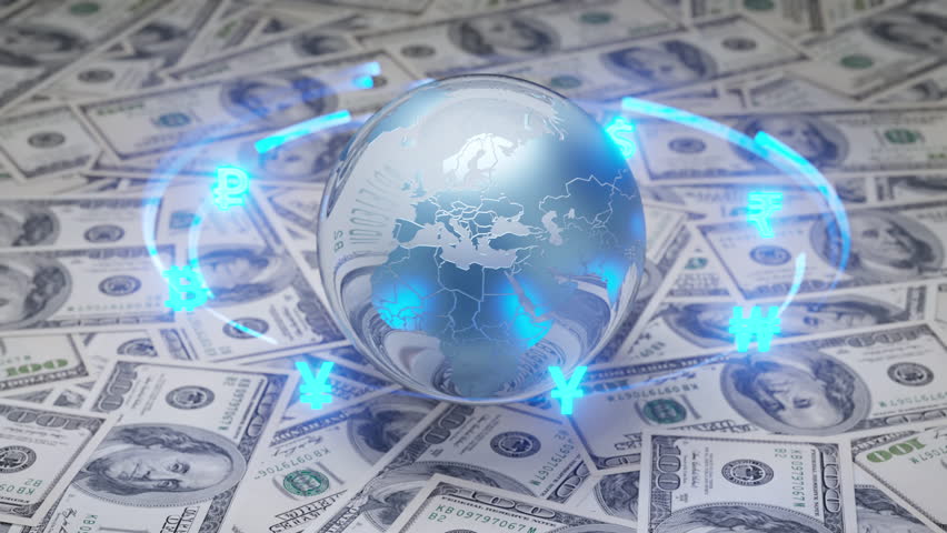 Crystal globe surrounded by glowing currency symbols on US dollar bills, representing international money transfers, forex, and global finance.