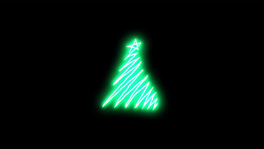 Neon sticker of Christmas tree line. Alpha channel transparency.