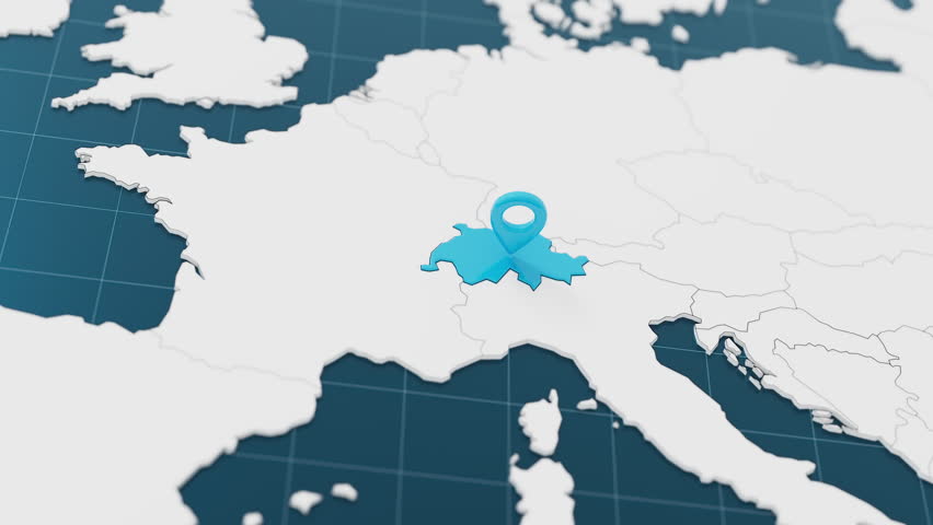 Highlight with blue of Switzerland 3d map with pointer pin surrounded with other countries in white. Europe political map with borders animation. 3d render