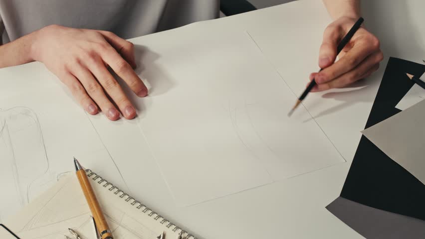Young man artist is drawing buildings by pencil on white paper close-up. The architect making sketches for the projection of the building. Drawing and sketching lessons