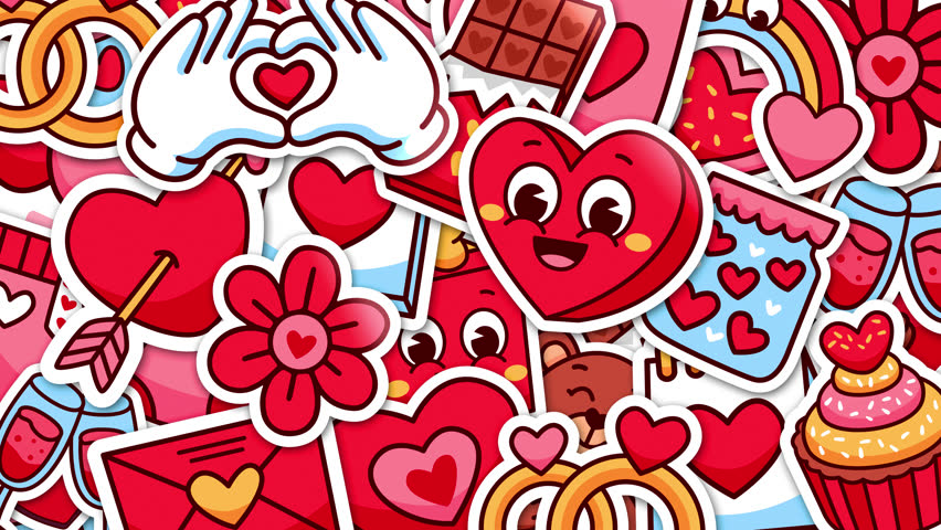 Colorful Transition where the Screen fills with Love and Romance Stickers and then disappear. For Valentine’s Day, affection, marriage, love, wedding, romantic. 4K Alpha background.