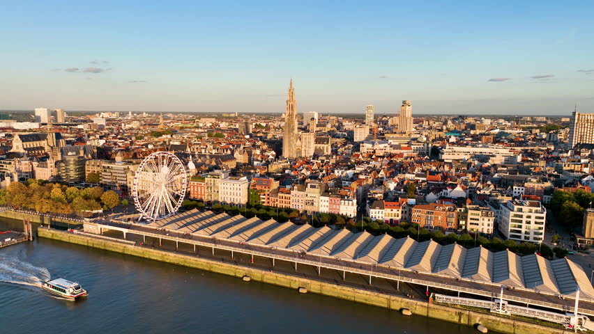 4K Aerial view of cityscape of Antwerp, gothic style landmark Cathedral of Our Lady Antwerp. Belgium